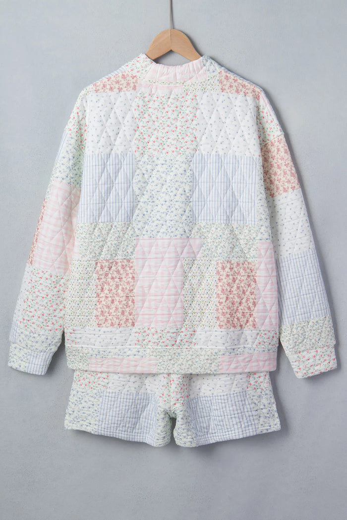 Floral Quilted Mock Neck Top and Short Set – Multicolour