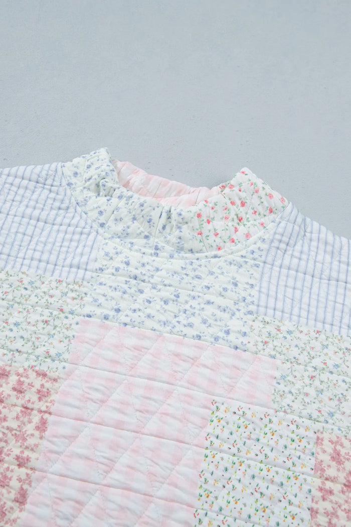 Floral Quilted Mock Neck Top and Short Set – Multicolour