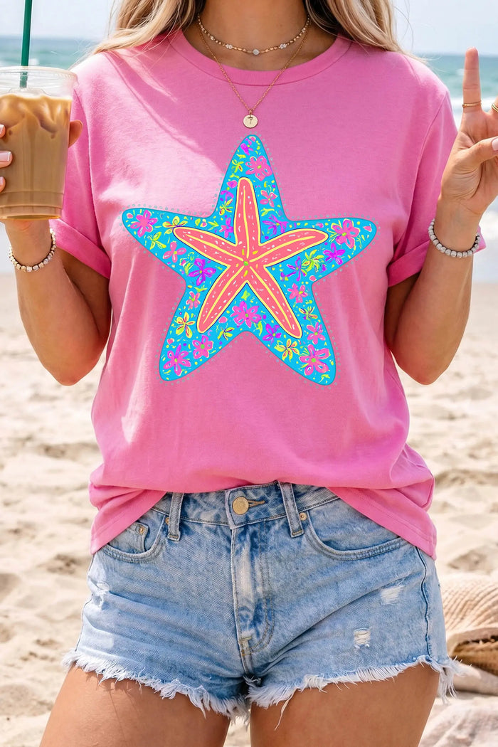 Floral Starfish Printed Casual Round Neck Tee – Sachet Pink