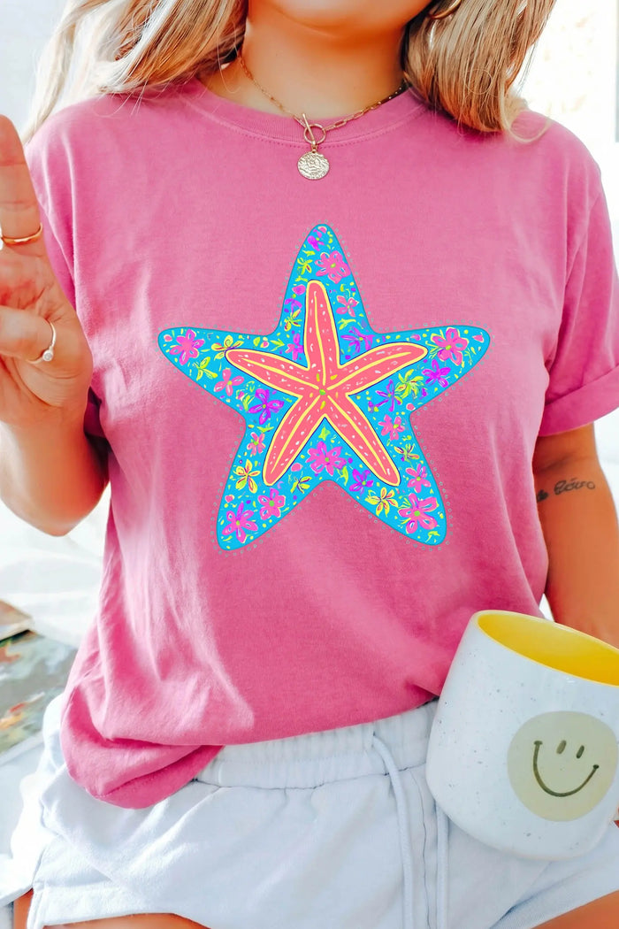 Floral Starfish Printed Casual Round Neck Tee – Sachet Pink