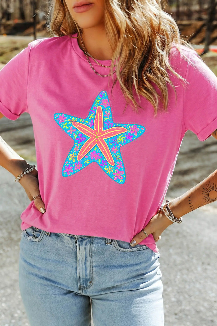 Floral Starfish Printed Casual Round Neck Tee – Sachet Pink