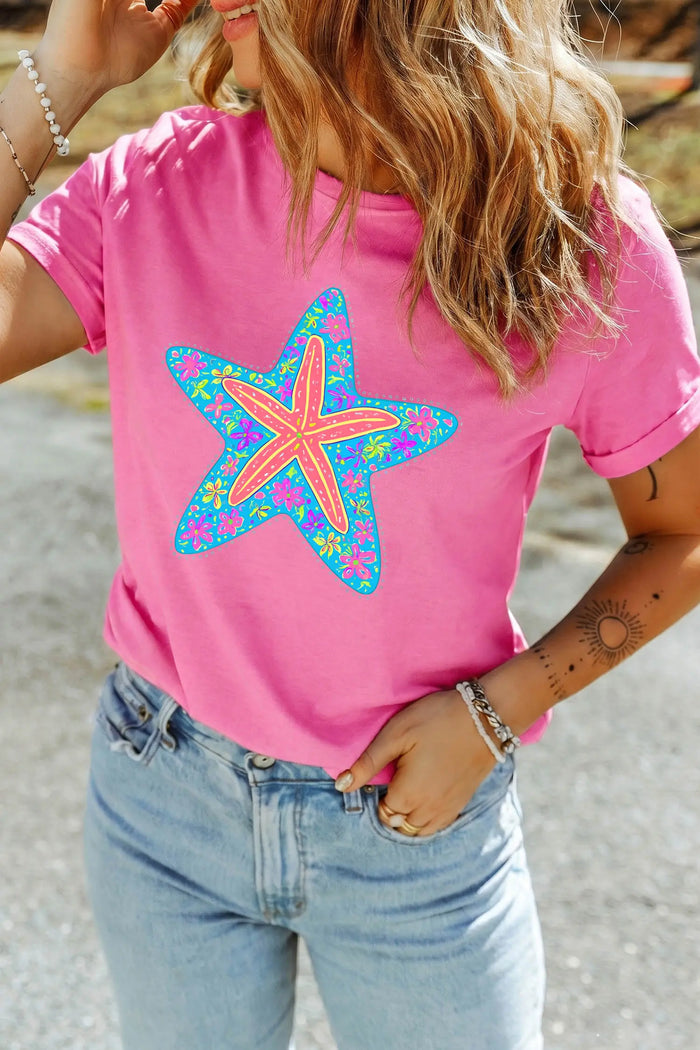 Floral Starfish Printed Casual Round Neck Tee – Sachet Pink