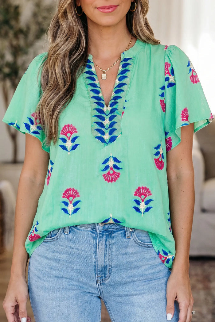 Floral V Neck Flutter Sleeve Blouse – Green