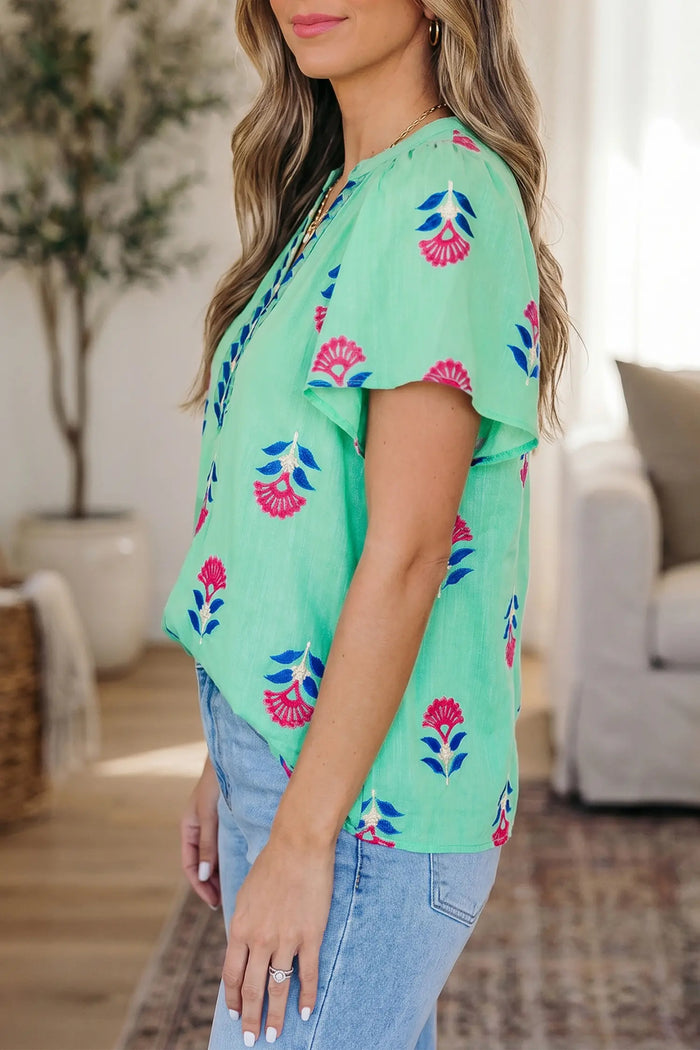 Floral V Neck Flutter Sleeve Blouse – Green