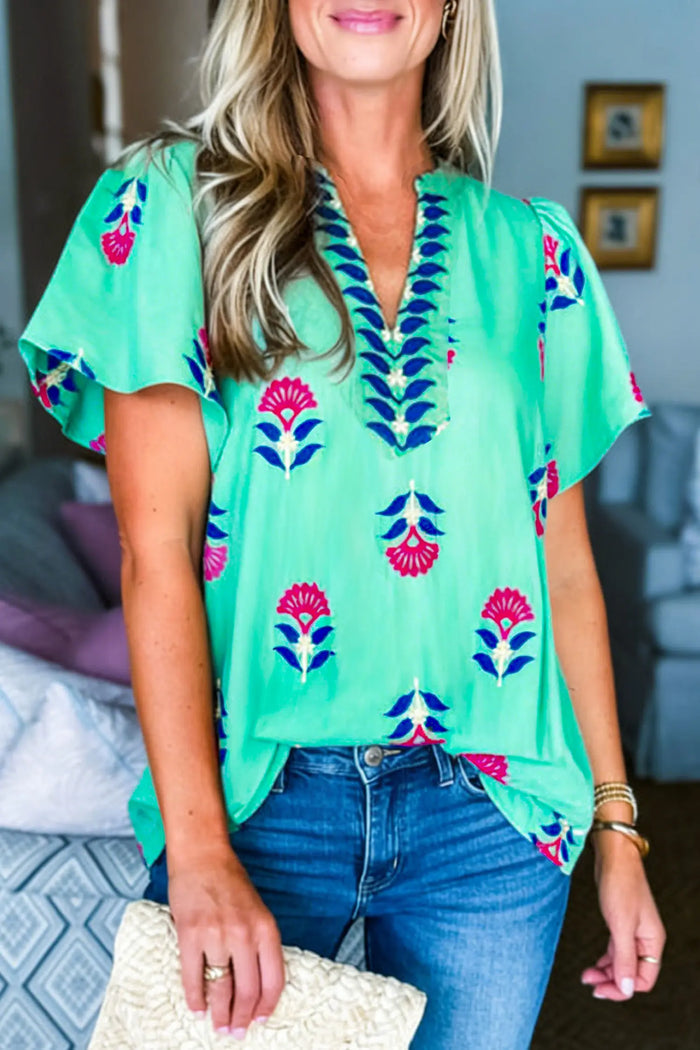 Floral V Neck Flutter Sleeve Blouse – Green