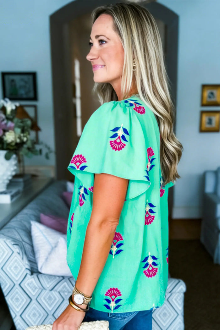 Floral V Neck Flutter Sleeve Blouse – Green