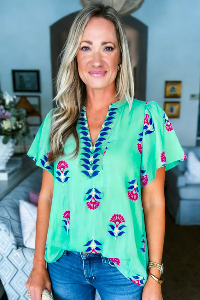 Floral V Neck Flutter Sleeve Blouse – Green