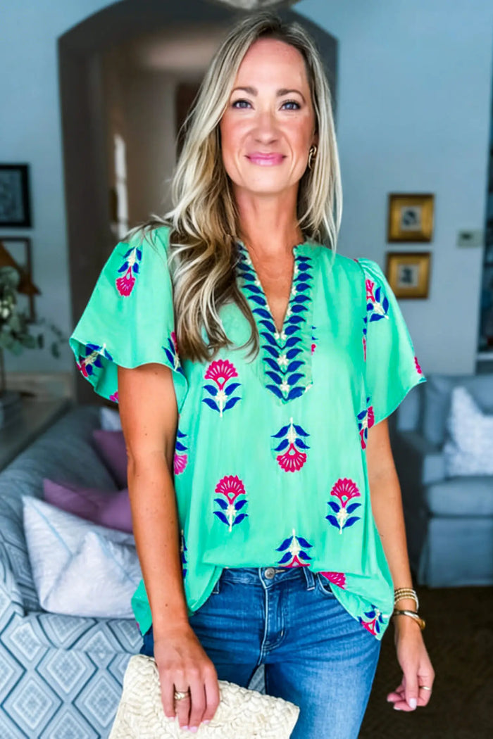 Floral V Neck Flutter Sleeve Blouse – Green