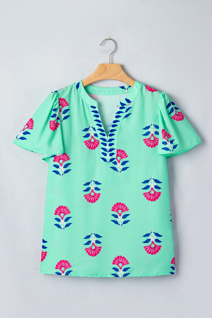 Floral V Neck Flutter Sleeve Blouse – Green