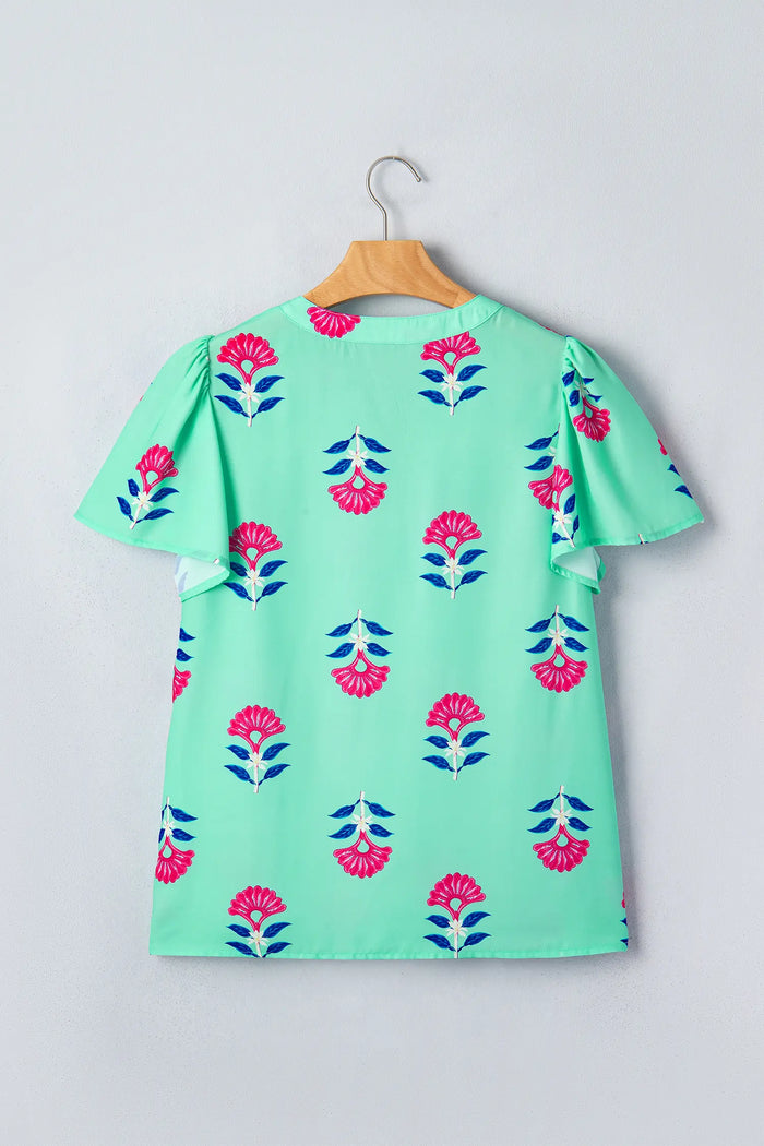 Floral V Neck Flutter Sleeve Blouse – Green