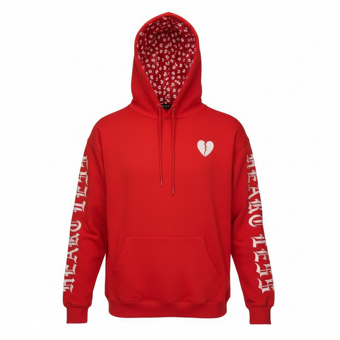 Red Focus 'Heartless' hoodie, casual hoodie with a front pocket and logo details, shown on a neutral background.