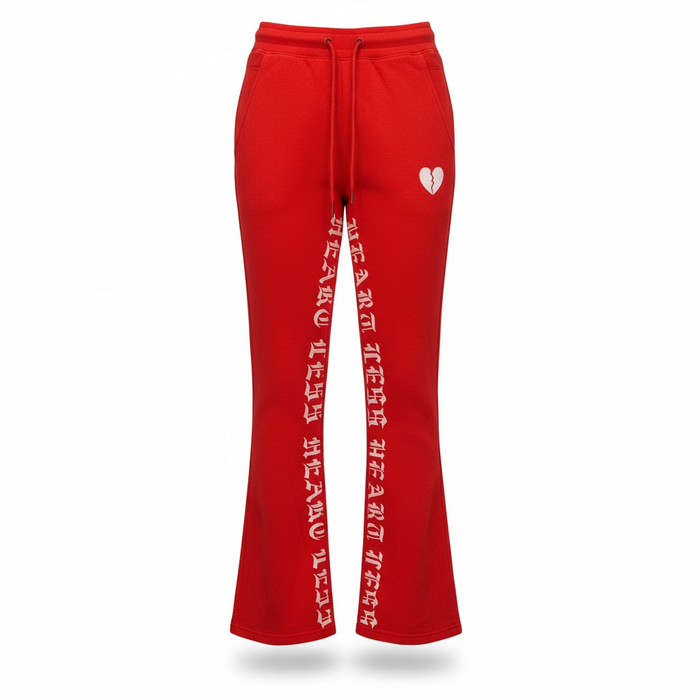Red Focus 'Heartless' stacked sweatpants, men's casual fleece joggers with a relaxed fit and drawstring waist.