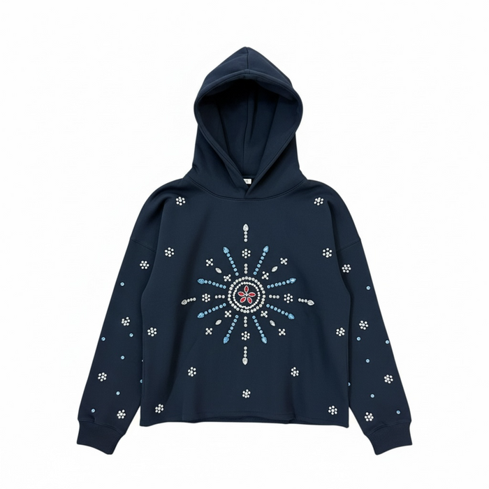 Black Focus Starburst Crystal Cropped Hoodie with graphic design and hood, casual fit, and long sleeves.