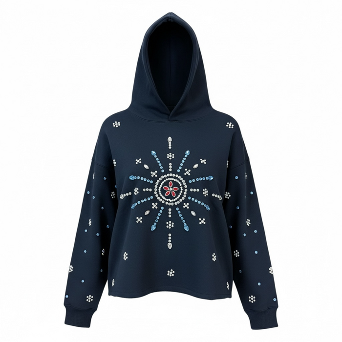 Black Focus Starburst Crystal Cropped Hoodie with colorful starburst design and hood, casual style, front view.
