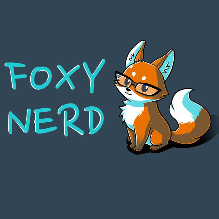 Premium Cotton T-shirt_Teeturtle denim blue Foxy Nerd apparel featuring a fox with glasses sitting next to the text "FOXY NERD."