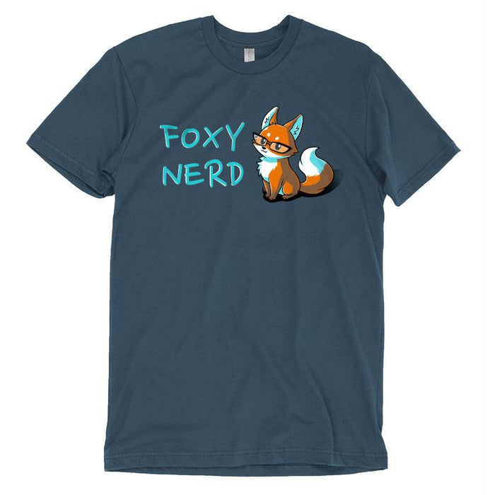 Premium Cotton T-shirt_Teeturtle denim blue Foxy Nerd apparel featuring a fox with glasses sitting next to the text "FOXY NERD."