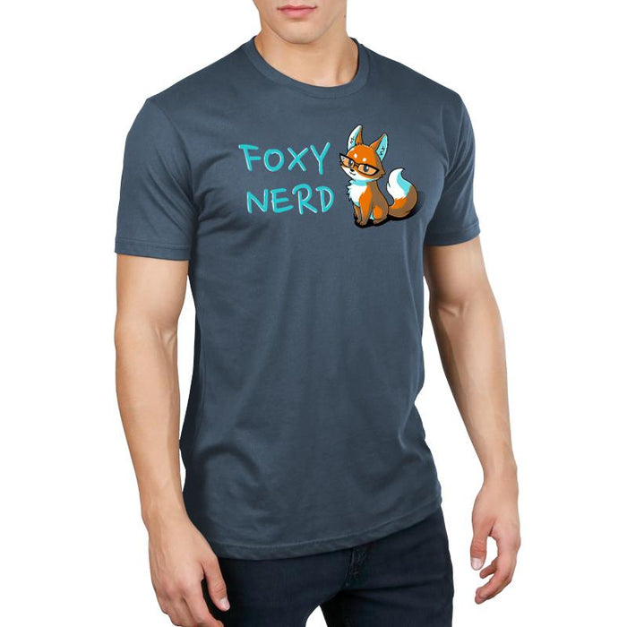 Premium Cotton T-shirt_Teeturtle denim blue Foxy Nerd apparel featuring a fox with glasses sitting next to the text "FOXY NERD."