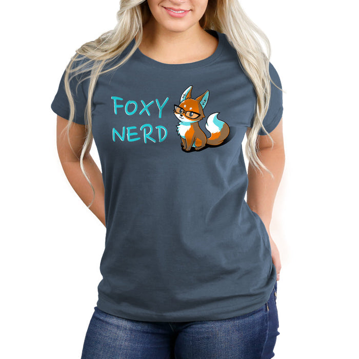 Premium Cotton T-shirt_Teeturtle denim blue Foxy Nerd apparel featuring a fox with glasses sitting next to the text "FOXY NERD."