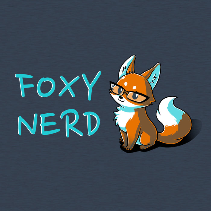 Classic Cotton T-shirt_Teeturtle heather navy Foxy Nerd apparel featuring a fox with glasses sitting next to the text "FOXY NERD."