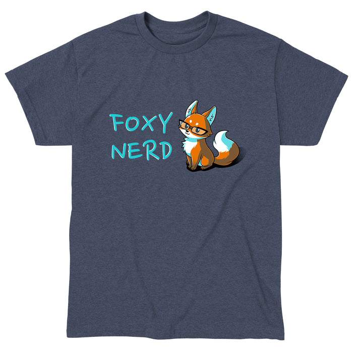 Classic Cotton T-shirt_Teeturtle heather navy Foxy Nerd apparel featuring a fox with glasses sitting next to the text "FOXY NERD."