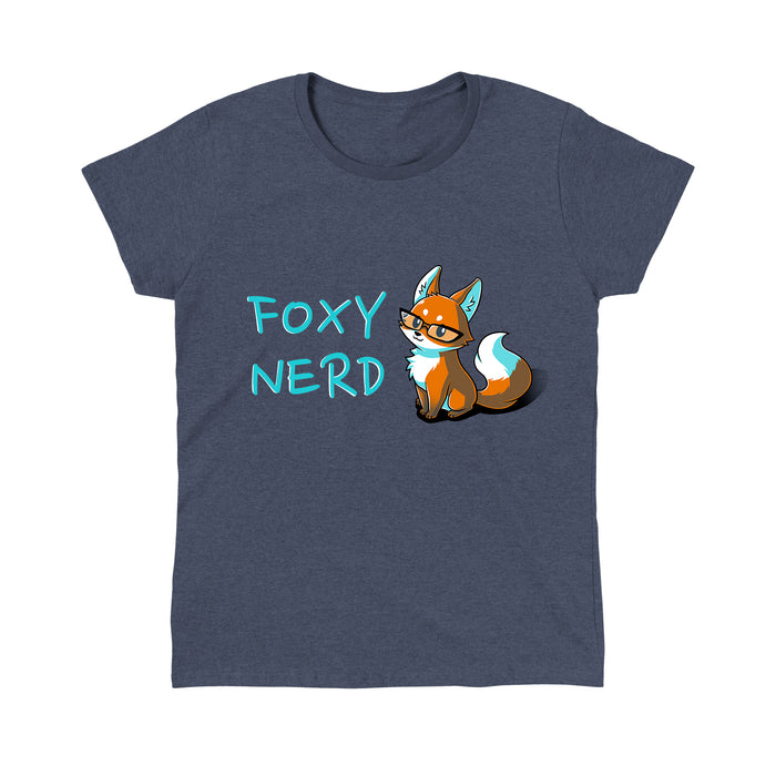 Classic Cotton T-shirt_Teeturtle heather navy Foxy Nerd apparel featuring a fox with glasses sitting next to the text "FOXY NERD."
