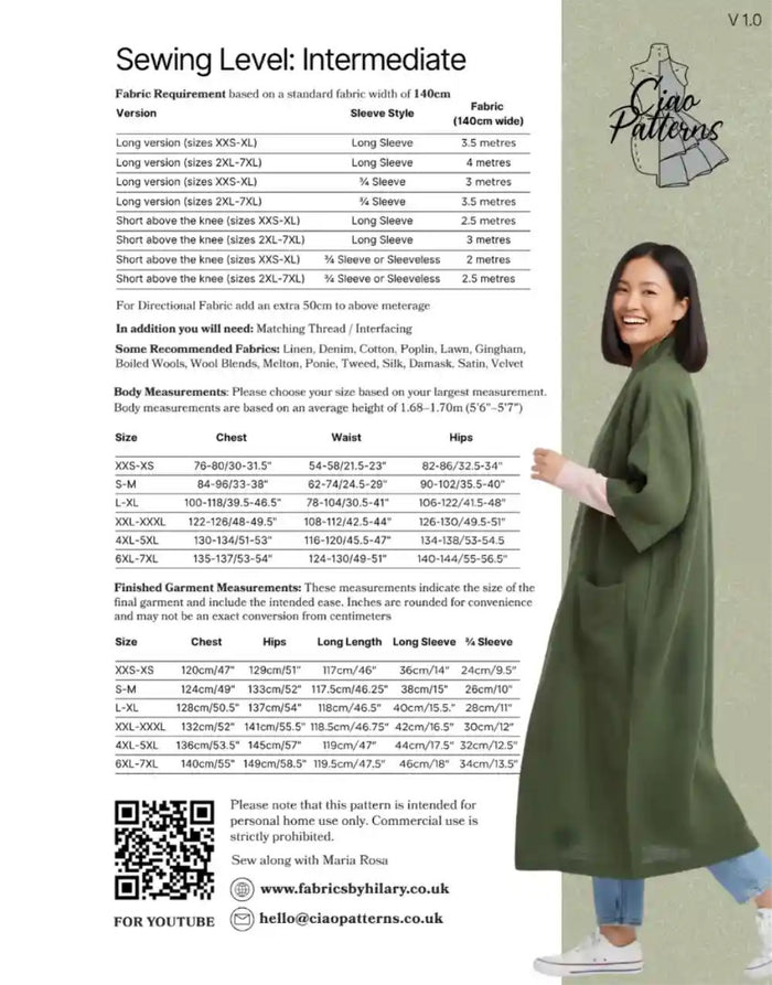 Francesca Short Jacket/Gilet/Coat Paper Sewing Pattern, Ciao Patterns