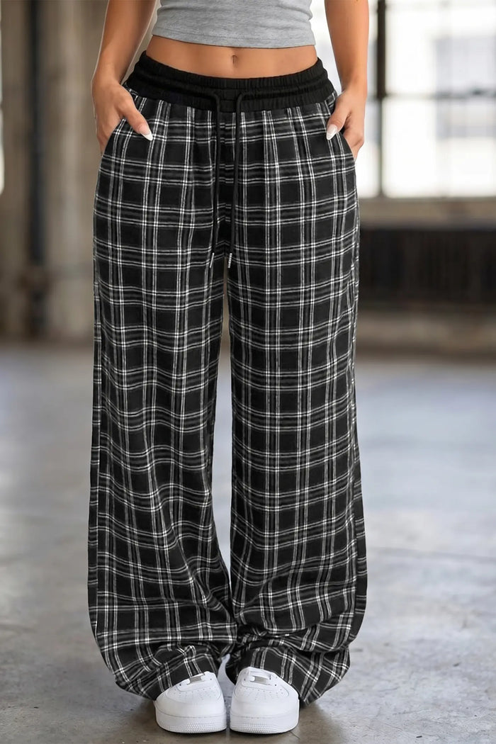 Frenchy Plaid Pattern Contrast Drawstring Waist Wide Leg Pants – Black