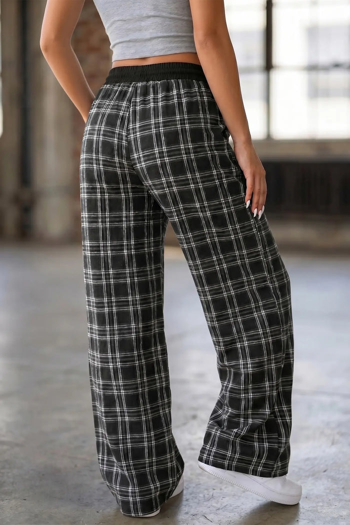 Frenchy Plaid Pattern Contrast Drawstring Waist Wide Leg Pants – Black
