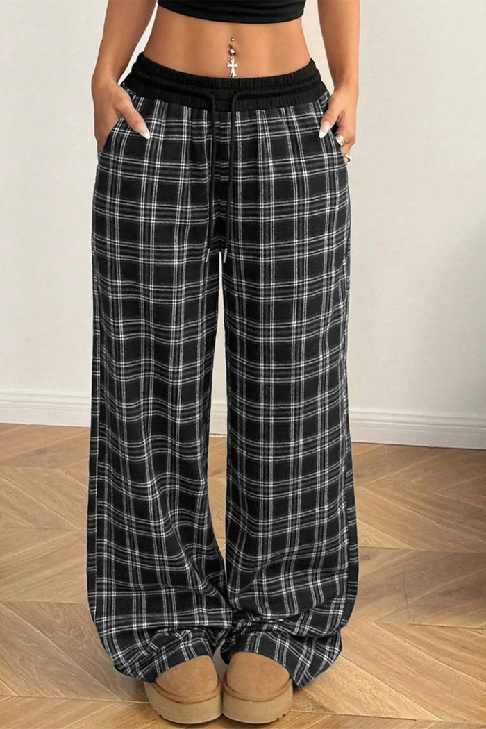 Frenchy Plaid Pattern Contrast Drawstring Waist Wide Leg Pants – Black