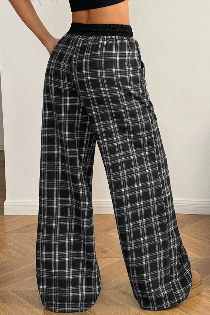 Frenchy Plaid Pattern Contrast Drawstring Waist Wide Leg Pants – Black