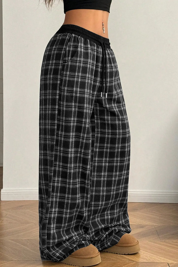 Frenchy Plaid Pattern Contrast Drawstring Waist Wide Leg Pants – Black