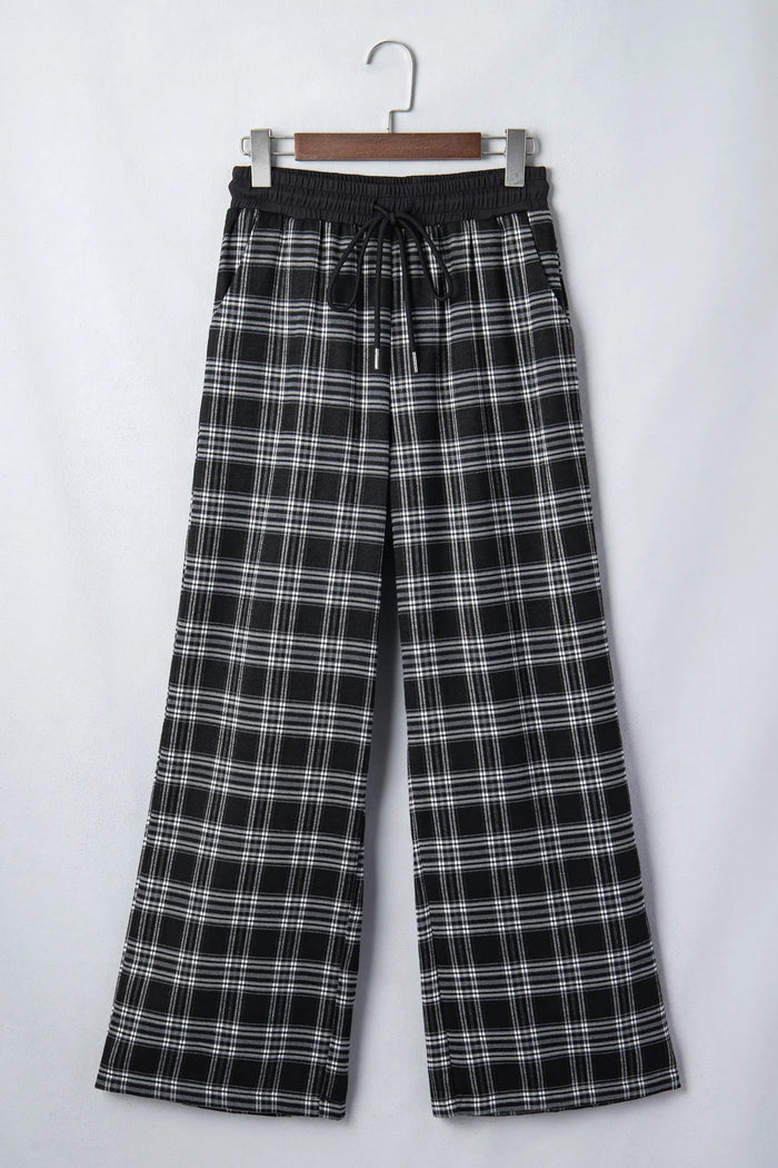 Frenchy Plaid Pattern Contrast Drawstring Waist Wide Leg Pants – Black