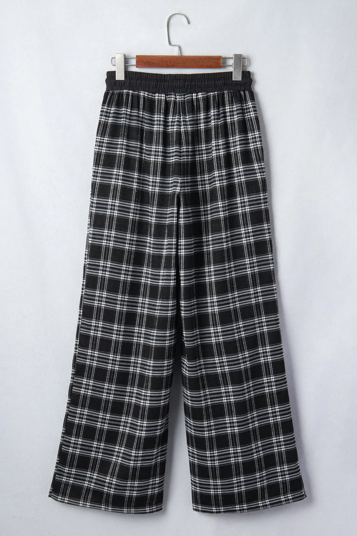 Frenchy Plaid Pattern Contrast Drawstring Waist Wide Leg Pants – Black