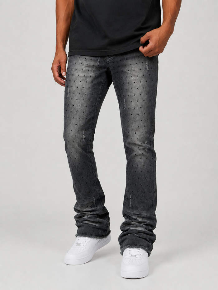 Frost Originals Amoto black wash rhinestone stacked denim jeans, showcasing the stylish denim fabric and rhinestone details.