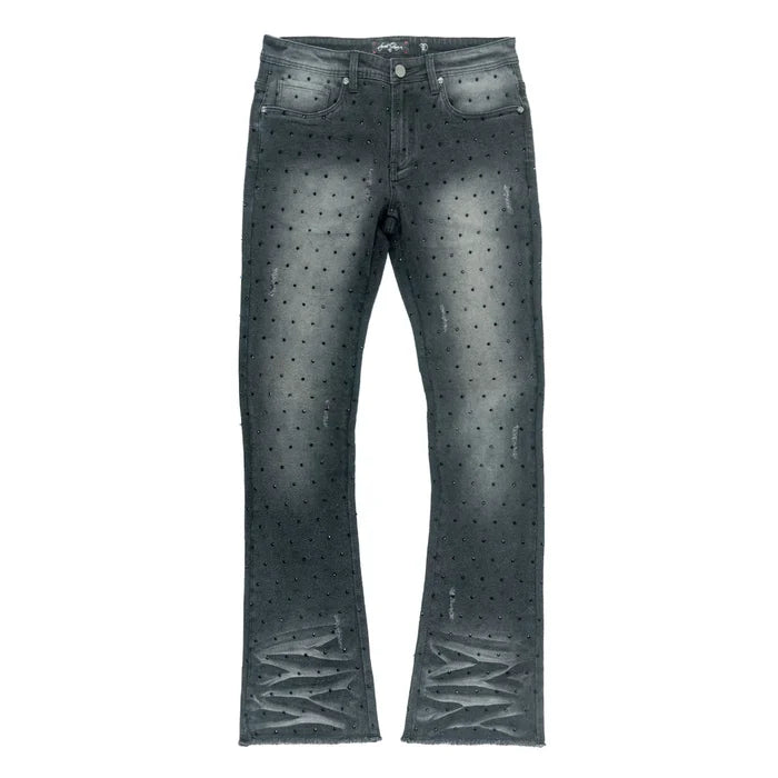 Frost Originals Amoto rhinestone stacked black wash denim jeans with embellished details and a fitted denim style.