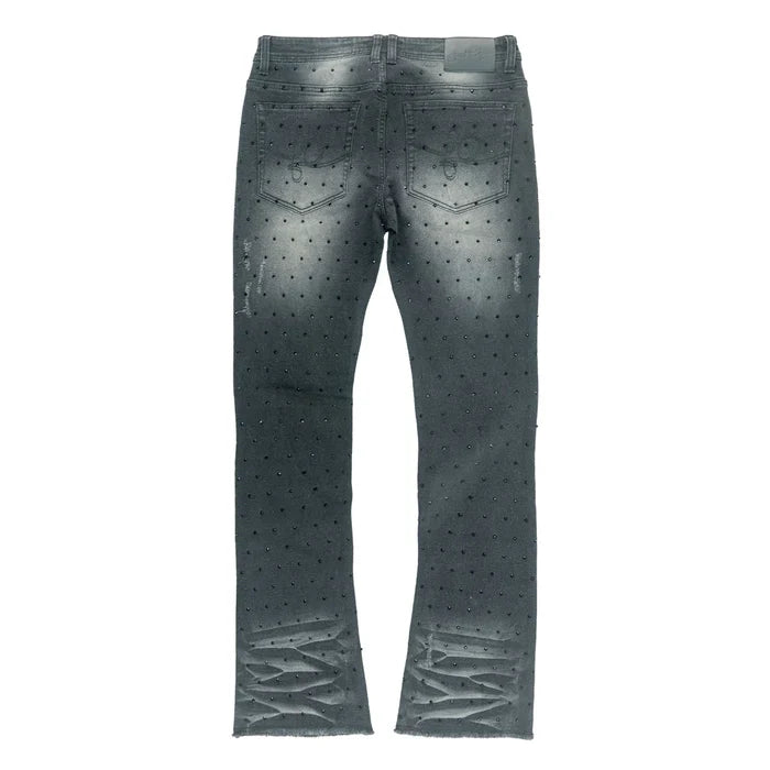 Frost Originals Amoto rhinestone stacked black wash denim jeans with a fitted cut and embellished details.