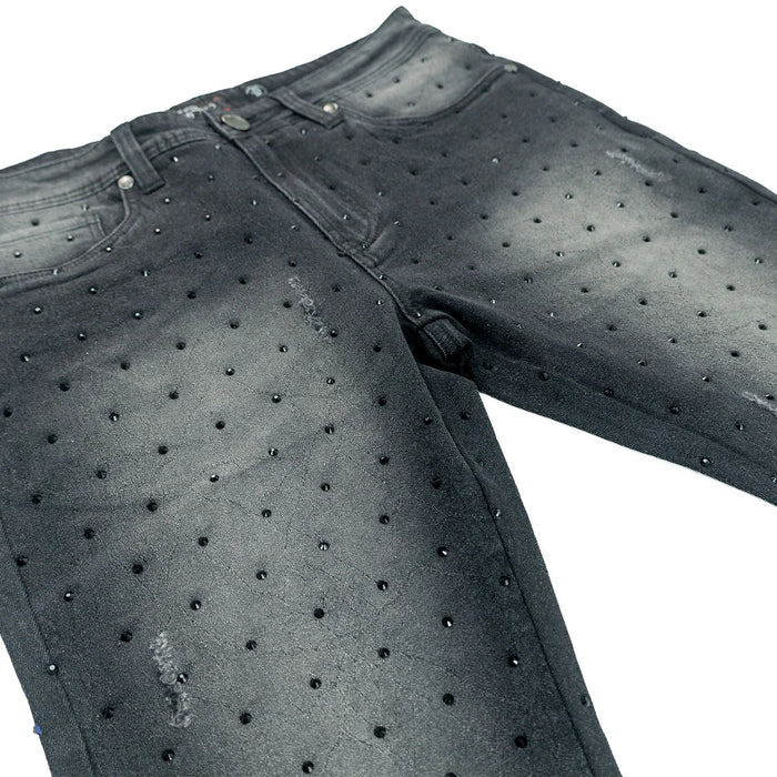 Frost Originals Amoto Rhinestone Stacked Black Wash Denim jeans with embellished details and a relaxed fit.