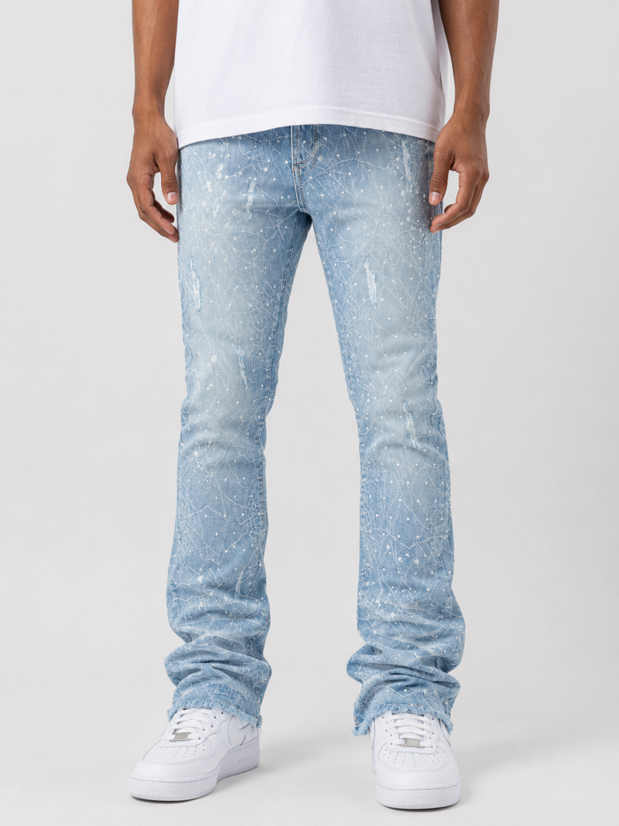 Frost Originals 'Amoto' rhinestone stacked light wash denim jeans, showcasing the stylish denim fabric and rhinestone detailing.