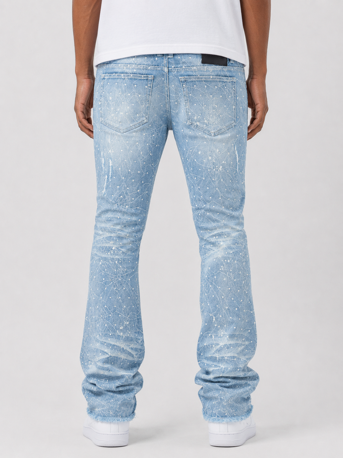 Light wash Frost Originals Amoto rhinestone stacked denim jeans, showcasing detailed rhinestone embellishments and classic denim style.