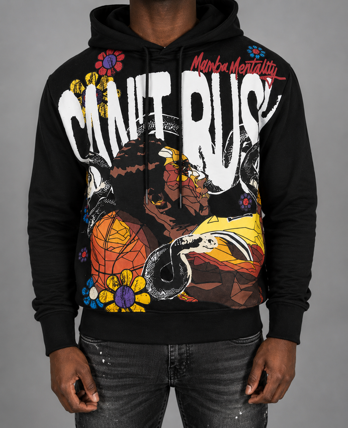 Black Frost Originals hoodie with "Can't Rush Greatness" graphic, comfortable casual wear for street style and everyday use.