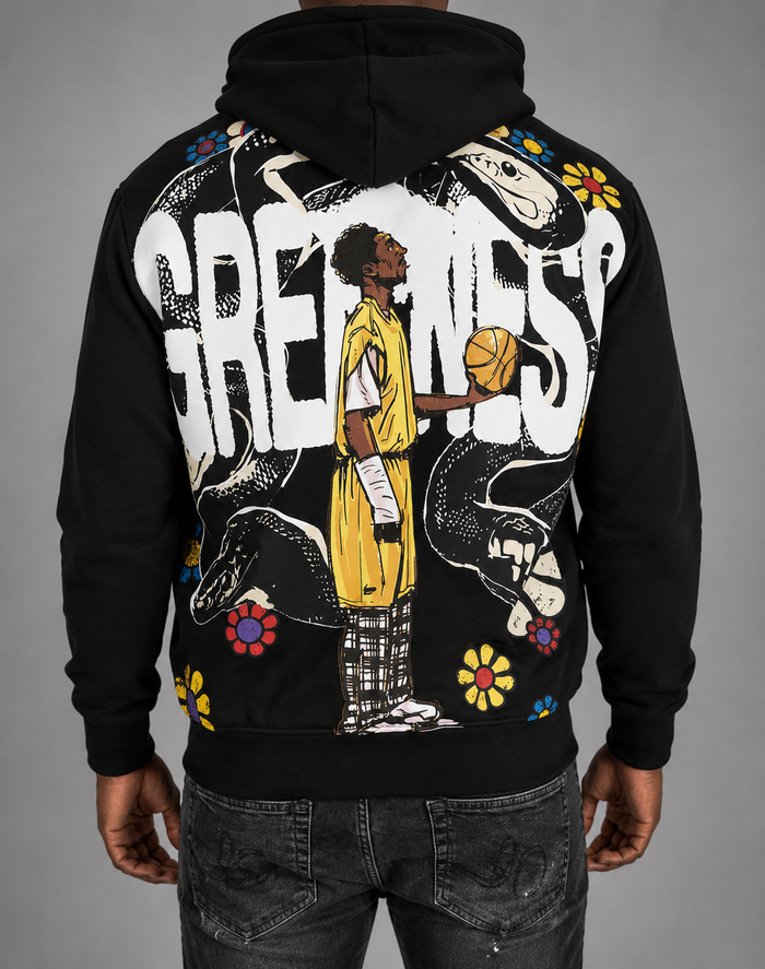 Black Frost Originals hoodie with "Can't Rush Greatness" graphic, featuring a comfortable fit and stylish design.