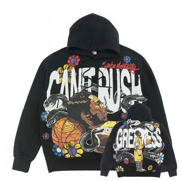 Black Frost Originals hoodie with "Can't Rush Greatness" slogan, casual fit, soft fabric, and front pocket.