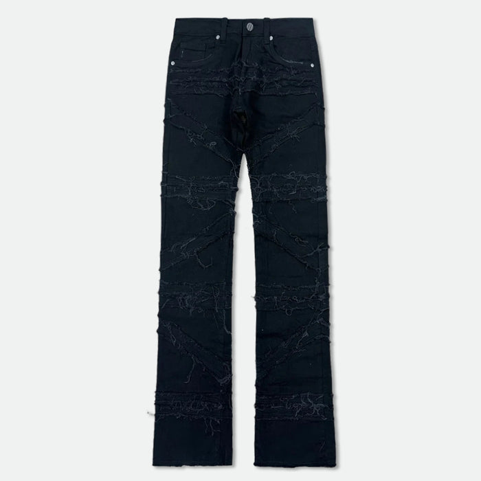 FWRD Crossover Stacked Denim jeans in jet black, showcasing the stylish denim fabric and unique crossover design.