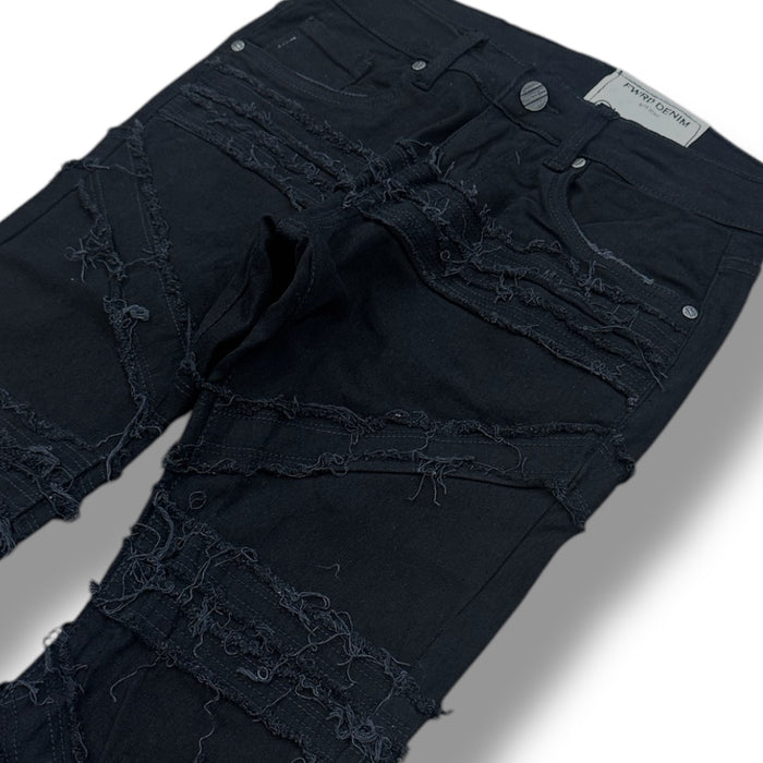 FWRD Crossover Stacked Denim jeans in Jet Black, showcasing the stylish denim fabric and crossover waistband detail.