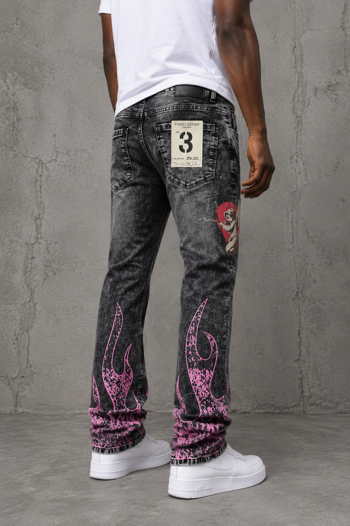 FWRD Dreams slim straight denim jeans in washed black, showcasing fit and fabric texture on a hanger.