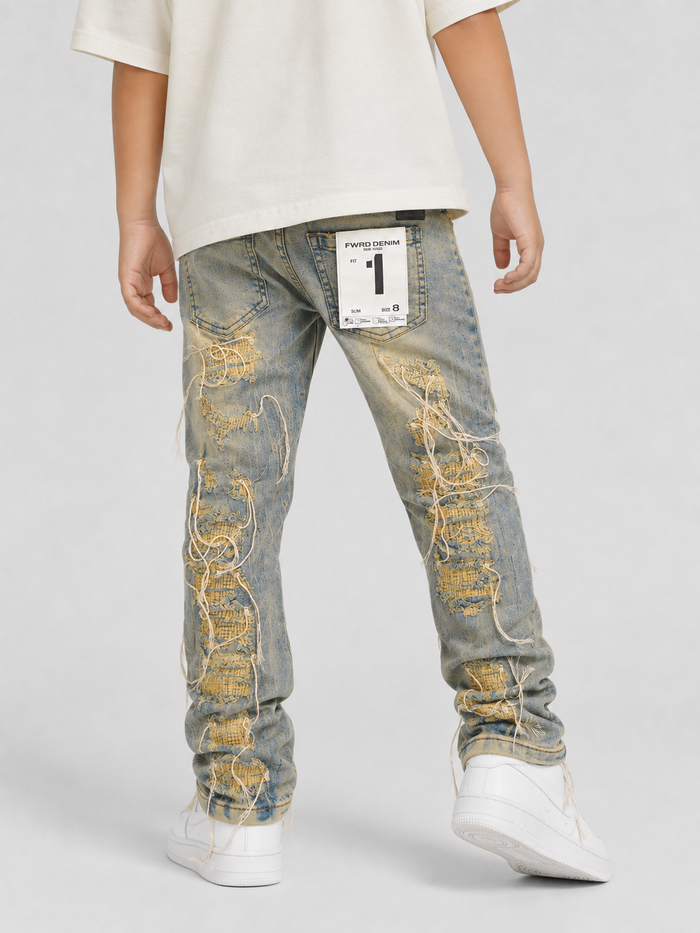 FWRD Kids Annihilator Strings denim jeans in ice tint, kids' stylish blue denim with a modern fit and distressed details.