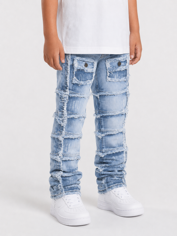 FWRD Kids stacked denim cargo pants in ice blue, stylish and comfortable denim for kids showing the front view.