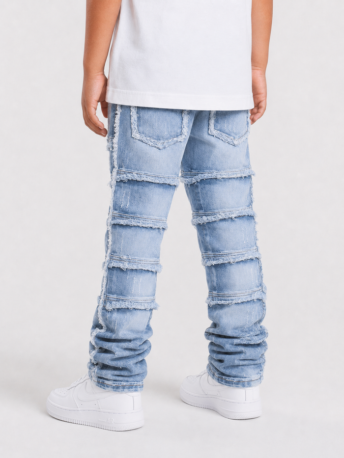FWRD Kids stacked denim cargo pants in ice blue, casual denim style with a relaxed fit and trendy design.