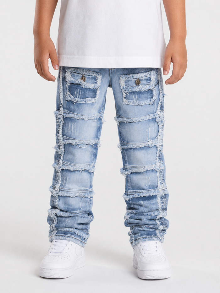 FWRD Kids stacked ice blue denim cargo jeans with adjustable waistband and multiple pockets, stylish and comfortable for kids.
