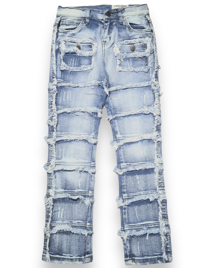 FWRD Kids Ice Blue Cargo Stacked Denim jeans with distressed details and relaxed fit, styled on a child model.